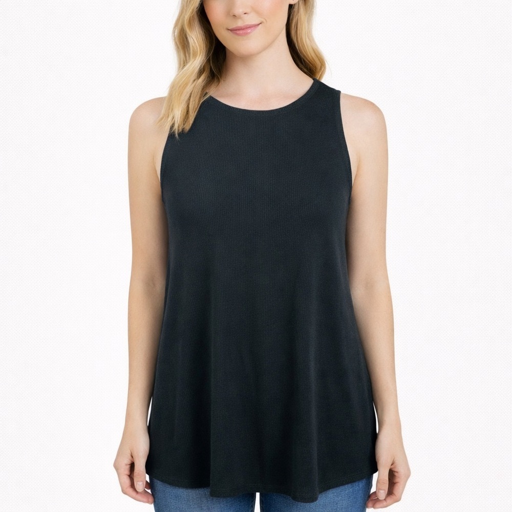 Eileen Fisher System Black Tencel Cotton Rib Knit Tank Tunic Shell Size XS